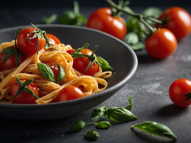 Photo a bowl of spaghetti with tomatoes and basil