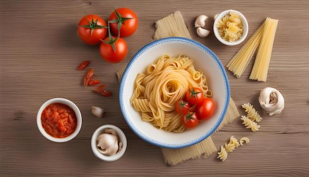 a bowl of spaghetti with tomatoes and mushrooms on a wooden table