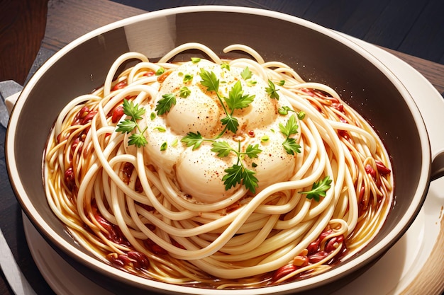 A bowl of spaghetti with two eggs and parsley