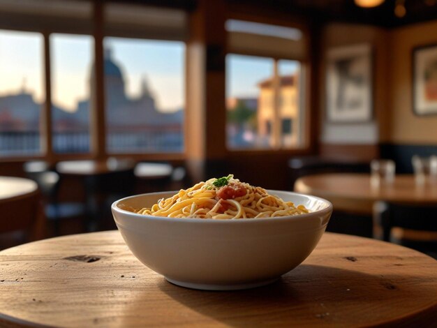 a bowl of spaghetti with a view of the city in the background