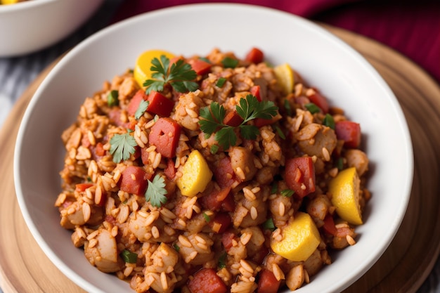 A bowl of spanish rice with a red napkin on the side.