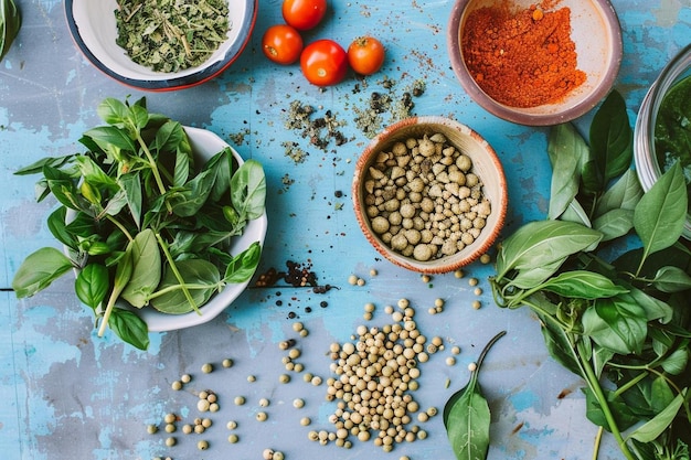 A bowl of spices and herbs are on a table