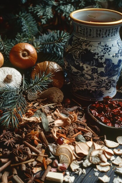 A bowl of spices and herbs is on a table next to a vase