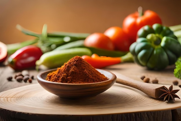 a bowl of spices and vegetables on a wooden table