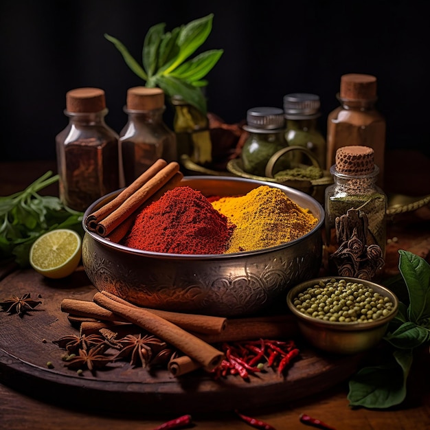 a bowl of spices with spices and herbs on a table.