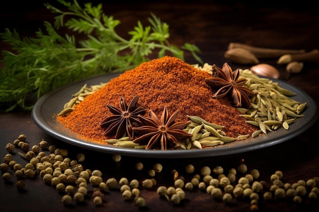 a bowl of spices with a spoon of herbs on a table.