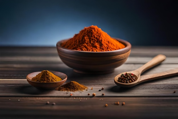 a bowl of spices with a spoon and spoon with a spoon in it