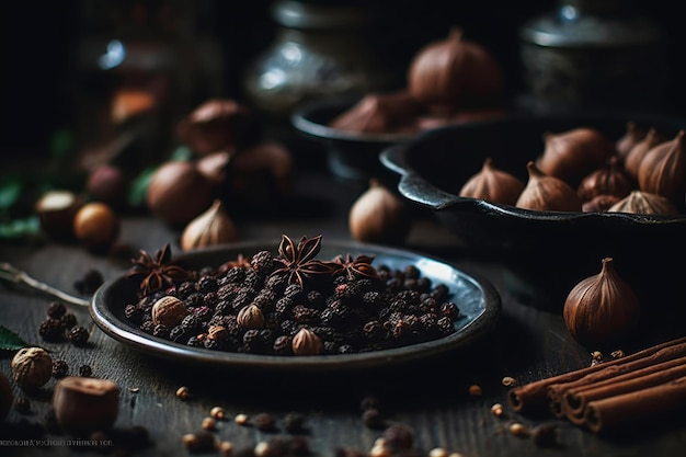 A bowl of spices with a star anise on the side