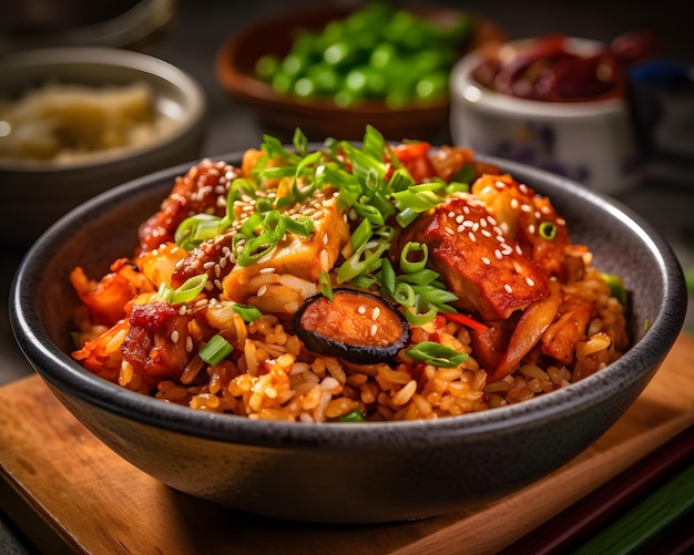 A bowl of spicy and flavorful kimchi fried rice with chicken belly and vegetables Generative AI