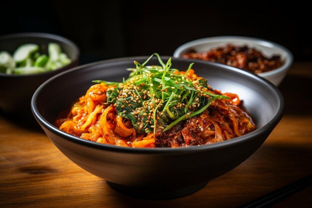 Photo a bowl of spicy ramen with kimchi