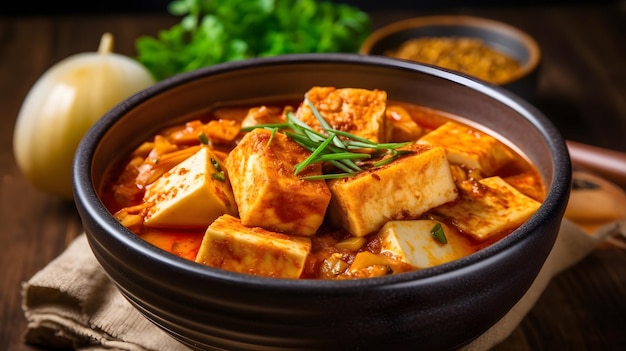 A bowl of spicy and savory kimchi stew with tofu and vegetables Generative AI