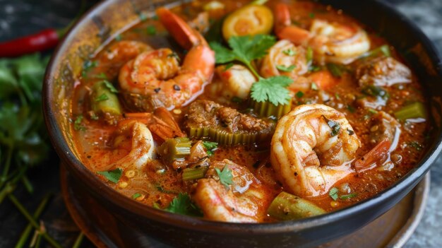 Photo a bowl of spicy seafood gumbo with shrimp crab andouille sausage okra and cajun spices