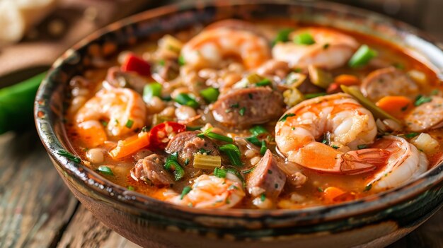 Photo a bowl of spicy seafood gumbo with shrimp crab andouille sausage okra and cajun spices