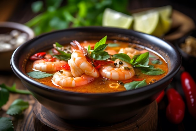 A bowl of spicy and tangy tom yum soup with shrimp and herbs Generative AI