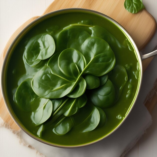 Photo a bowl of spinach sits on a cutting board with a spoon on it.