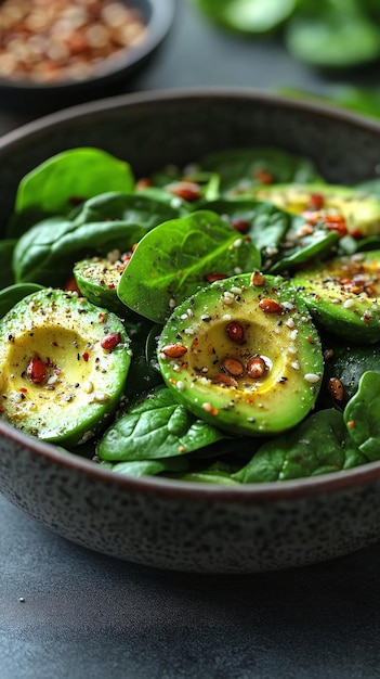 Photo a bowl of spinach with a bowl of spinach and avocado