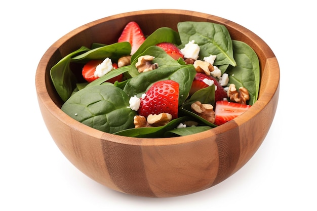 A bowl of spinach with strawberries and feta cheese