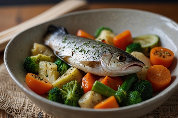 Photo bowl of steamed fish and veggies