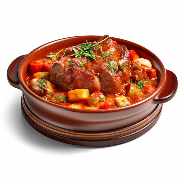 A bowl of stew with meat and vegetables on top of a white background.