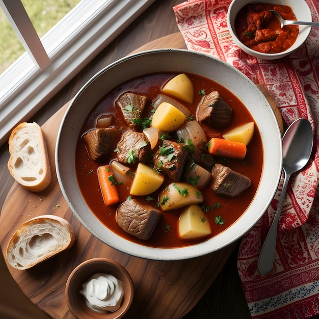 Photo a bowl of stew with potatoes and carrots on a table