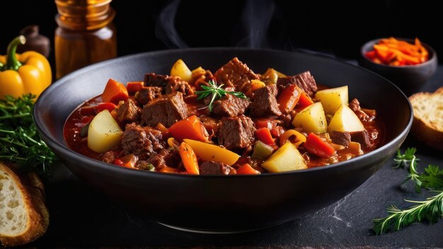 a bowl of stew with potatoes and carrots on a table