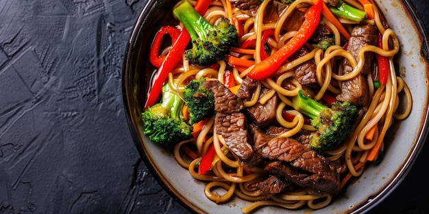 Photo a bowl of stir fry with meat and vegetables