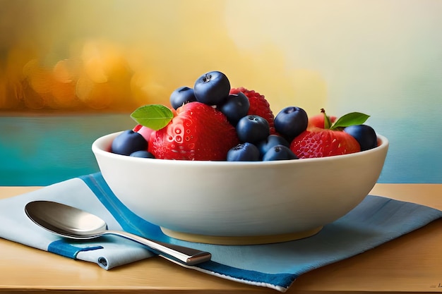 A bowl of strawberries and blueberries sits on a table.