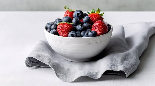 A bowl of strawberries and blueberries sits on a table