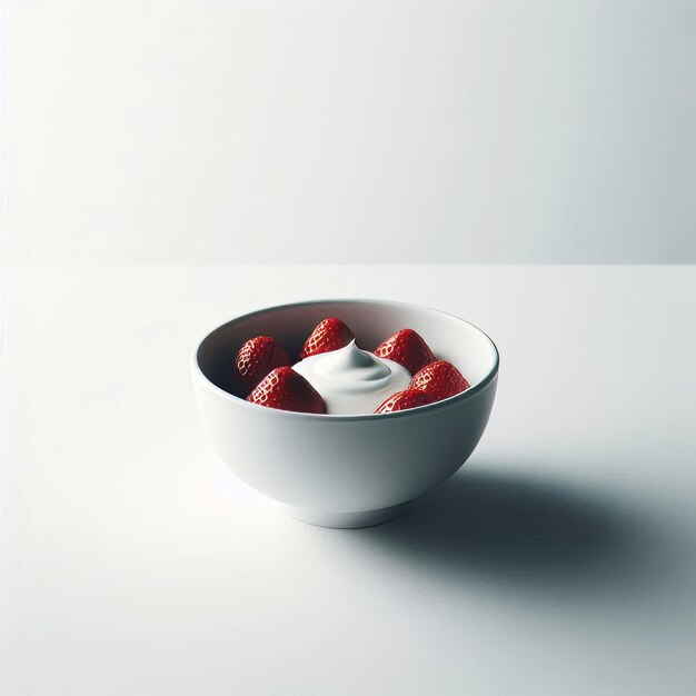 a bowl of strawberries and cream on a white table