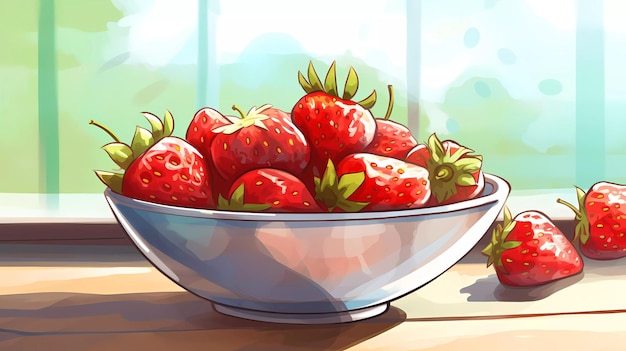 A bowl of strawberries is in front of a window.