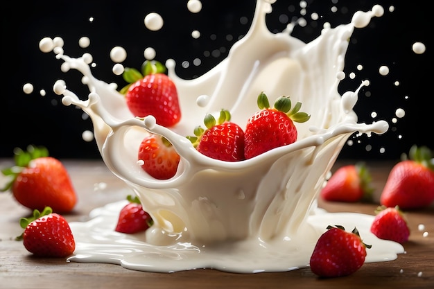 a bowl of strawberries and milk with a black background