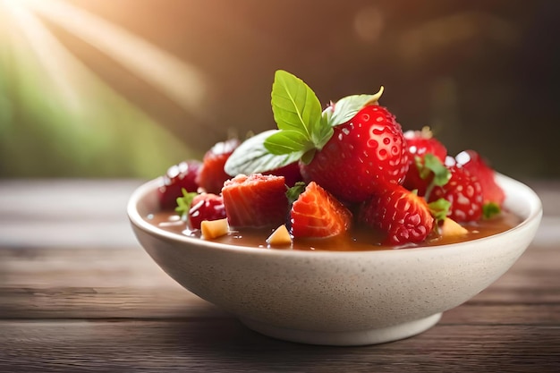 A bowl of strawberries and raspberries on a wooden table