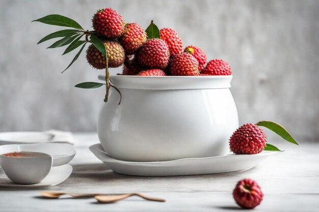 a bowl of strawberries with a bunch of leaves on the side