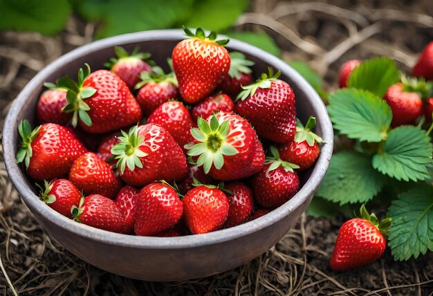 a bowl of strawberries with a green leafy plant in the background