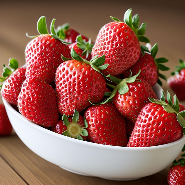 A bowl of strawberries with green leaves on the top.