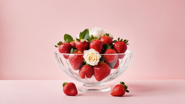 Bowl of strawberries with roses on minimal background