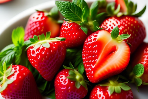 A bowl of strawberries with the word strawberry on it