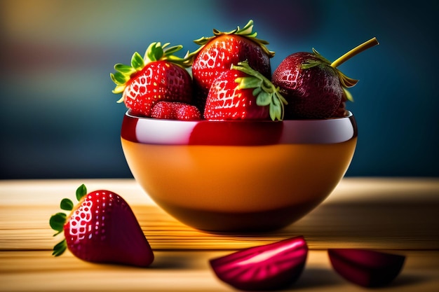 A bowl of strawberries with the word strawberry on it