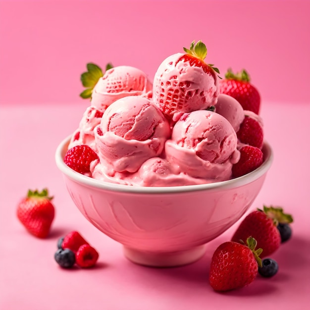 Bowl of Strawberry Ice Cream with Fresh Berries on Isolated Pink Background Top View