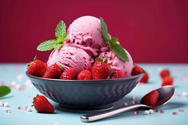 a bowl of strawberry ice cream with a spoon in it