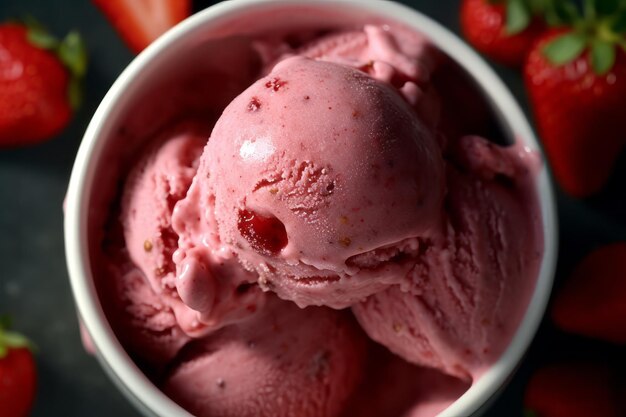 A bowl of strawberry ice cream with a strawberry in the middle.