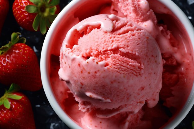 A bowl of strawberry ice cream with a strawberry on the top.