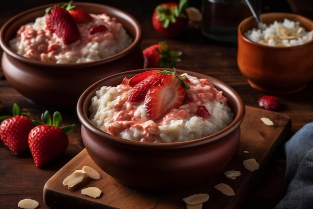 A bowl of strawberry oatmeal with a bowl of strawberry on top