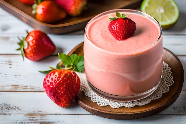 A bowl of strawberry smoothie with a strawberry on top