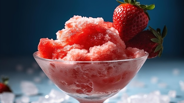 A bowl of strawberry sorbet sits on ice with a strawberry on top.