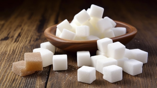 A bowl of sugar cubes sits on a wooden table.