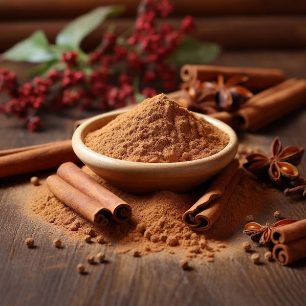 a bowl of sugar sits on a table with cinnamon sticks in the background