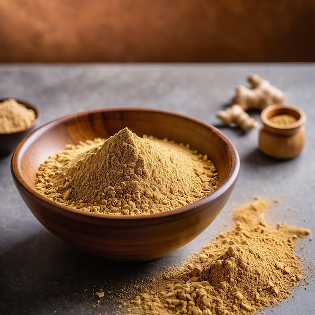 a bowl of sugar sits on a table with other spices