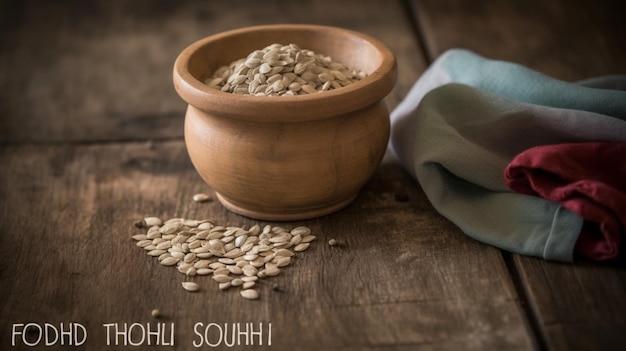 A bowl of sunflower seeds sits on a wooden table.