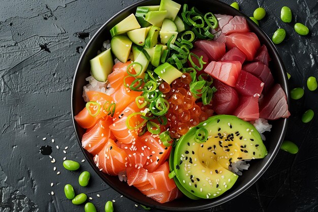 Photo a bowl of sushi with avocado and seaweed the bowl is white and the food is colorful